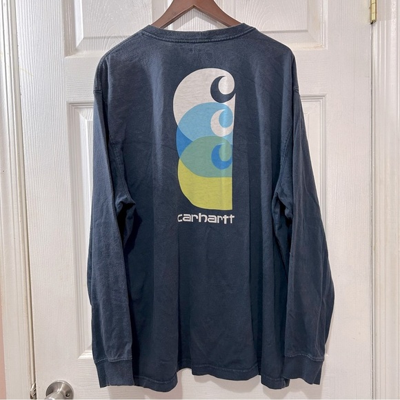 Carhartt Long Sleeve Pocket T-Shirt Men's Graphic Back Navy Size XL - Picture 2 of 7